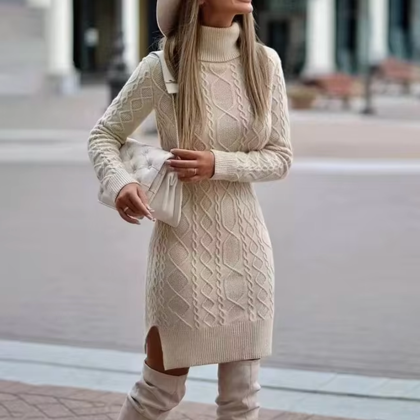 Women's cable knit jumper dress in neutral tone with roll neck, cozy textured finish for everyday style