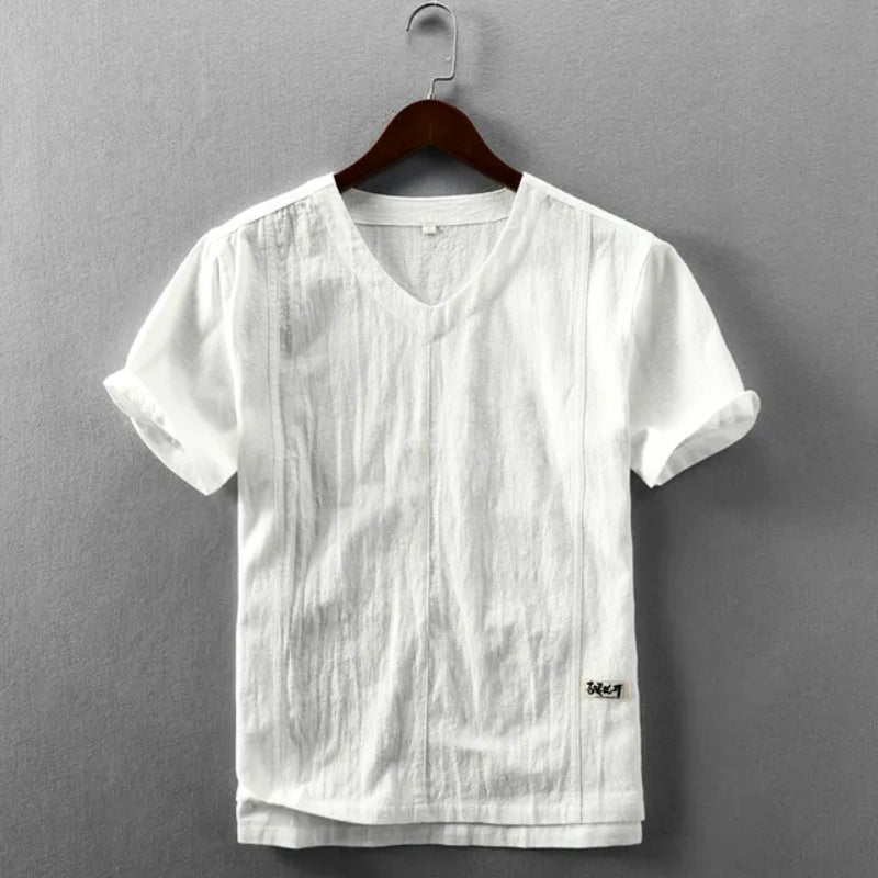 Unisex linen-cotton blend minimalist T-shirt with Japanese-inspired clean lines and relaxed modern fit