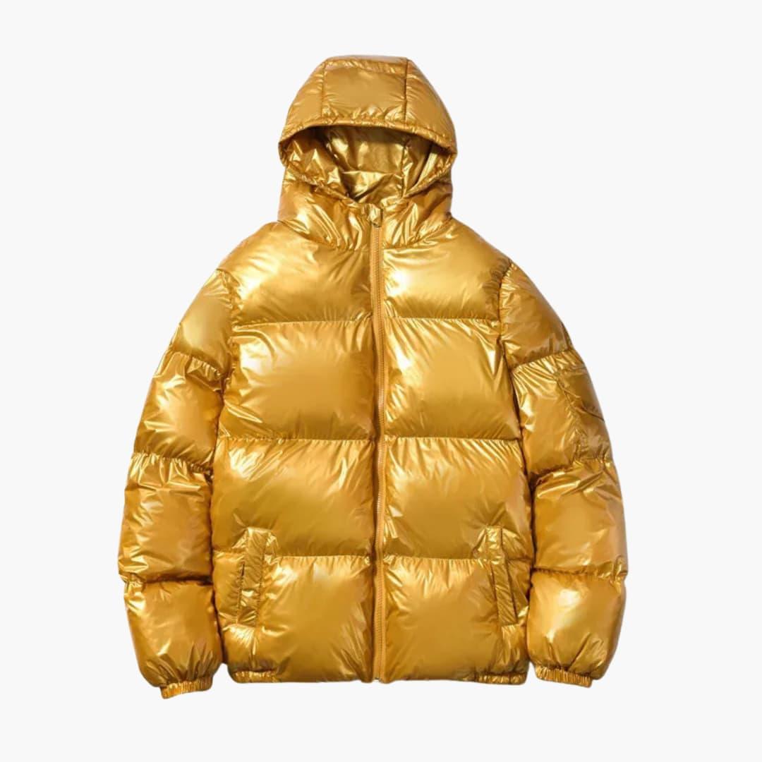 Men's glossy black puffer jacket with hood, modern slim fit winter outerwear with reflective sheen