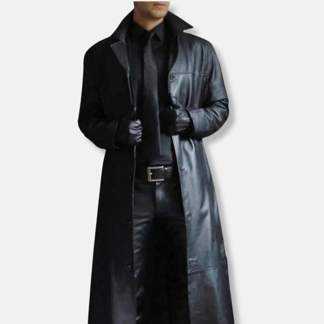 Men's charcoal long coat tailored fit button closure structured formal silhouette modern professional
