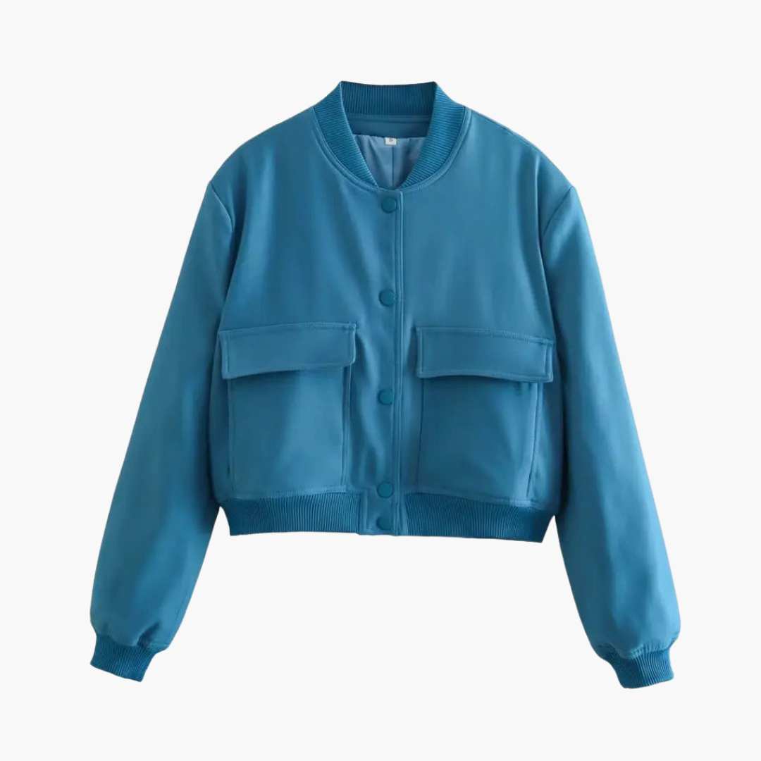 Women's olive utility bomber jacket with streamlined silhouette and large front flap pockets