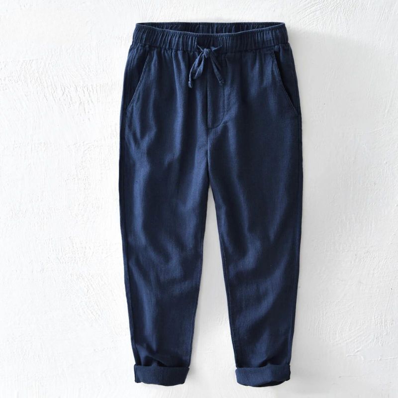 Beige linen blend casual trousers with elastic drawstring waist, lightweight unisex summer pants