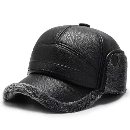 Brown vegan leather aviator cap with plush faux shearling lining and weatherproof winter design