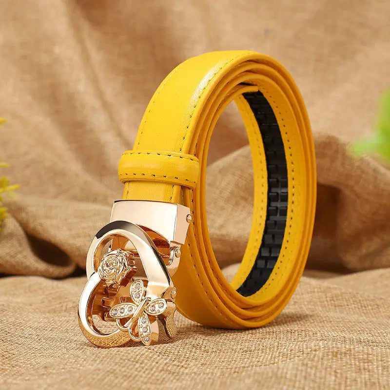 Women's high-gloss leather belt gold butterfly rose buckle with crystals, waist-cinching feminine accent