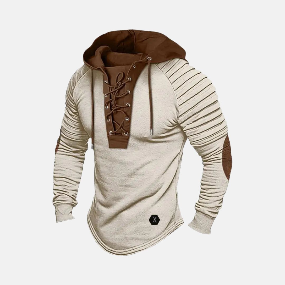 Men's slim fit hoodie with lace-up neck placket, ribbed sleeves, hip-length urban streetwear style
