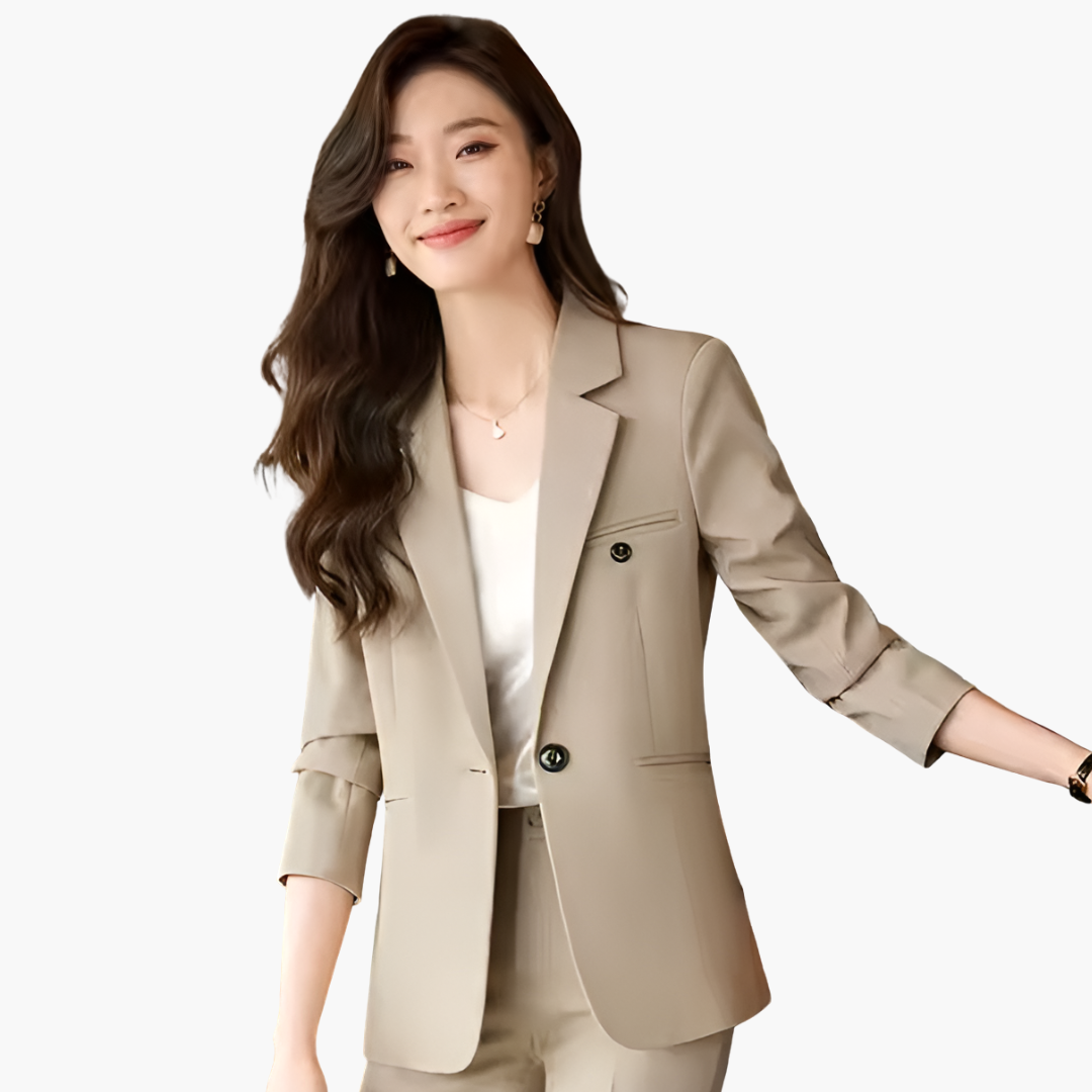 Women's two-piece blazer set lapel collar front button closure matching trousers professional workwear