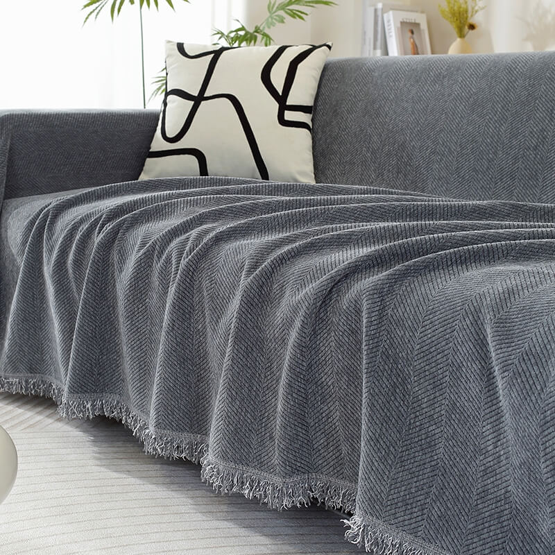 Chenille herringbone throw blanket ultra-soft cozy tassel edging living room decor accent