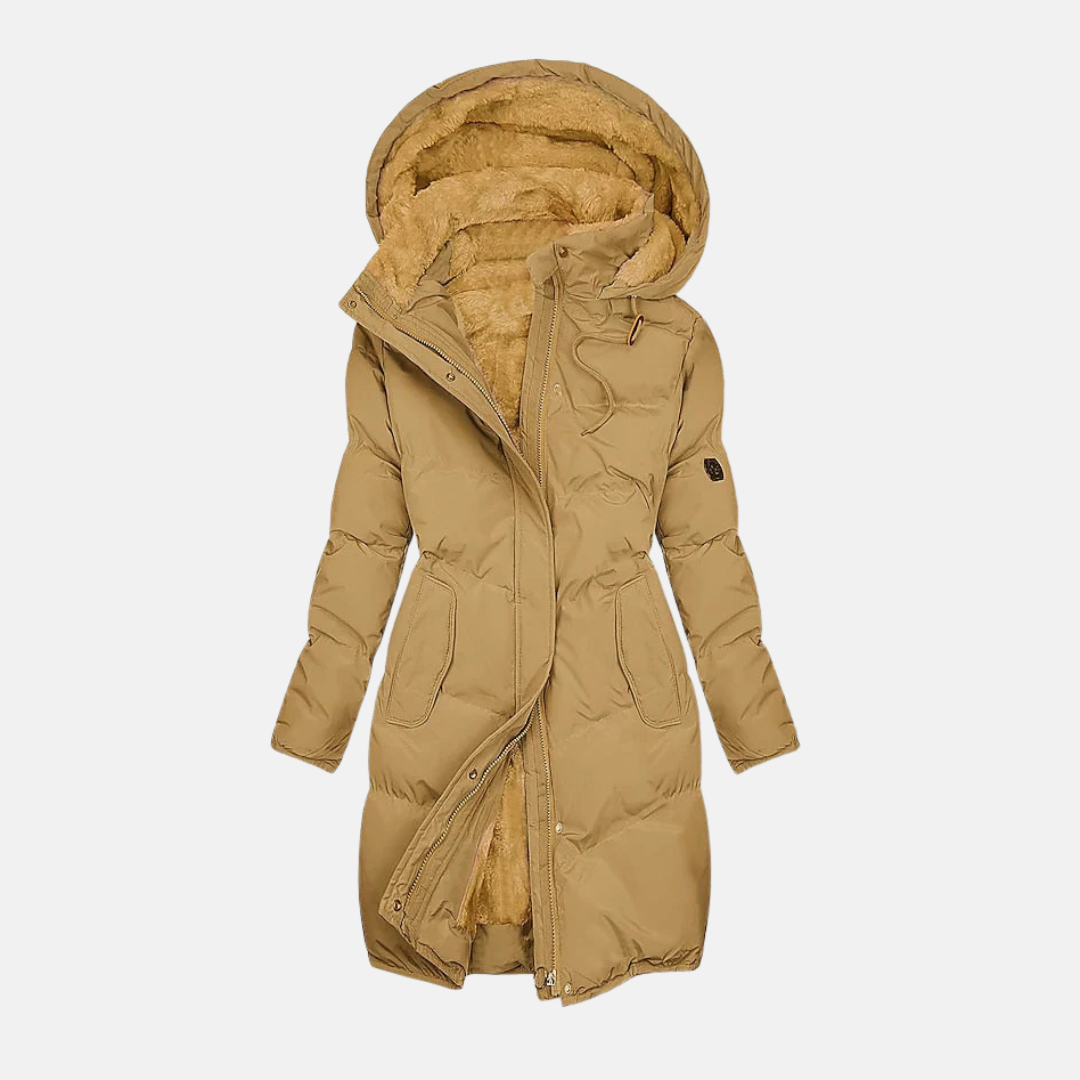 Women's long quilted puffer coat with plush-lined hood and adjustable waist in winter-ready style