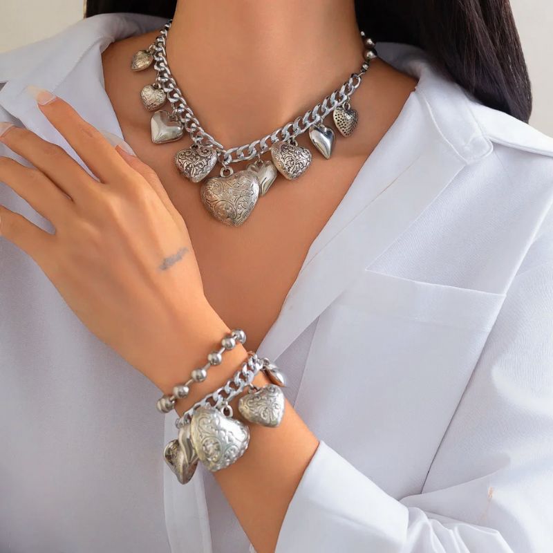 Amouris women's heart charm jewelry set silver necklace and bracelet duo with bold romantic accents