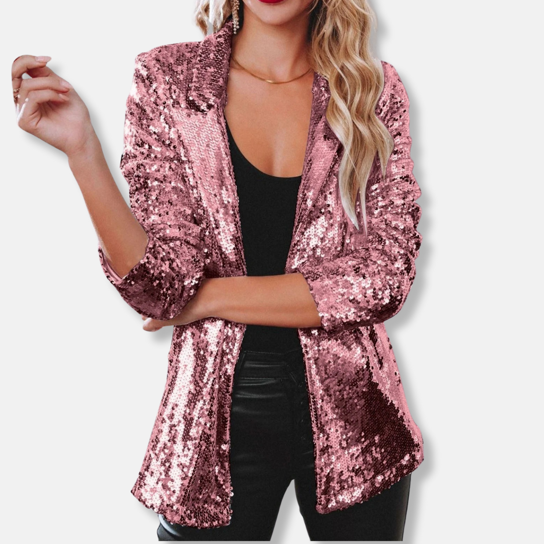 Women's relaxed hip-length party blazer with sequin embellishments and classic collared neckline