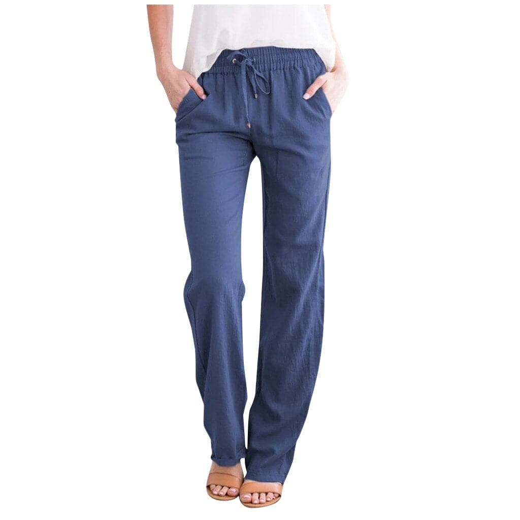 Women's beige linen relaxed fit pants with drawstring elastic waist and side pockets