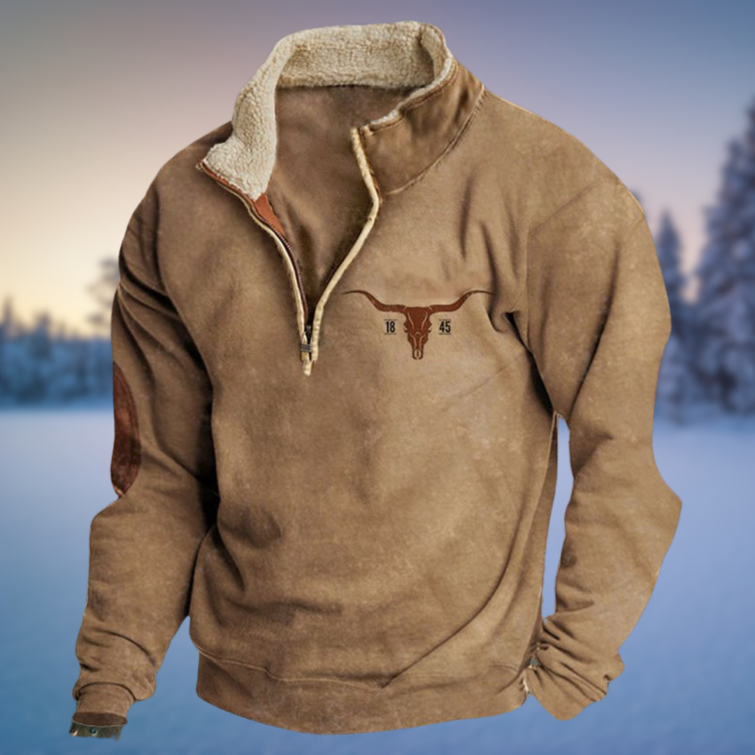 Men's western knit pullover in neutral tones, structured silhouette with subtle western-inspired detail