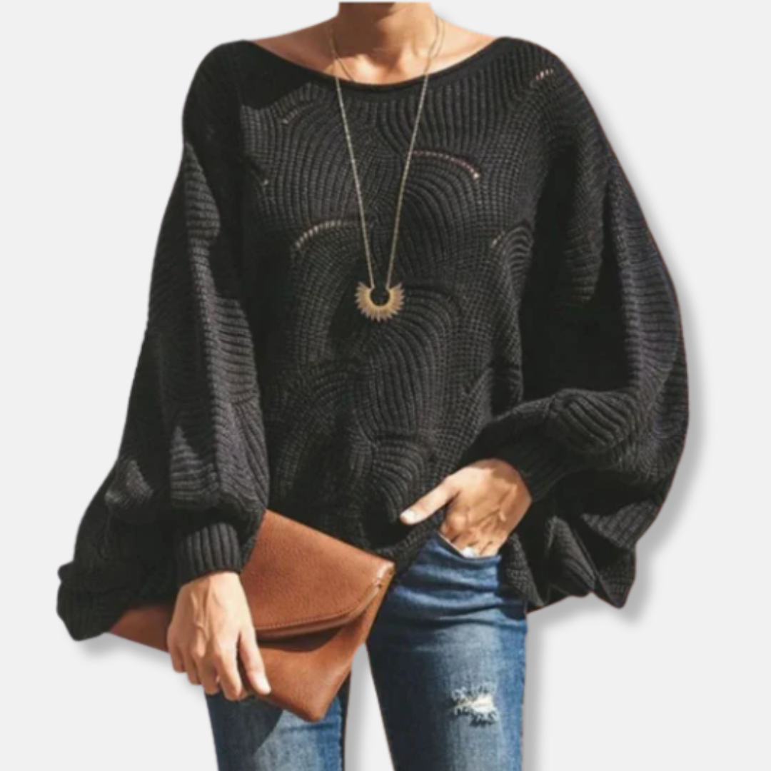 Women's beige open-knit batwing sleeve relaxed sweater with boat neck and wavy hem