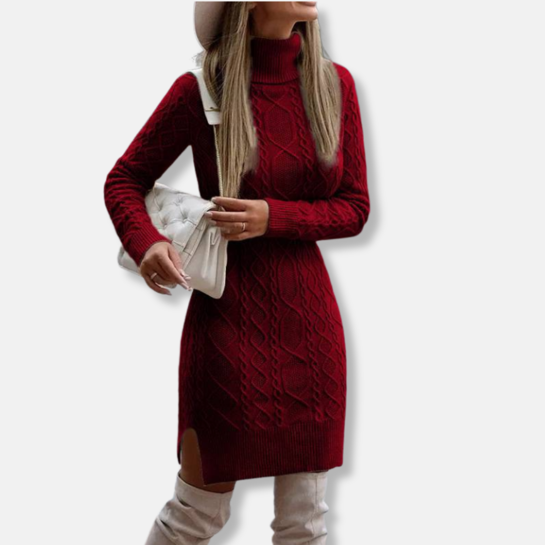 Women's wool blend knit mini dress turtleneck long sleeves slim fit side slit everyday elegance