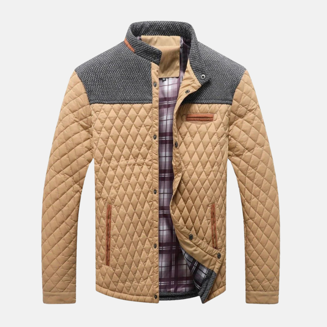 Men's diamond quilted jacket standing band collar contrast trim tailored silhouette fall layer