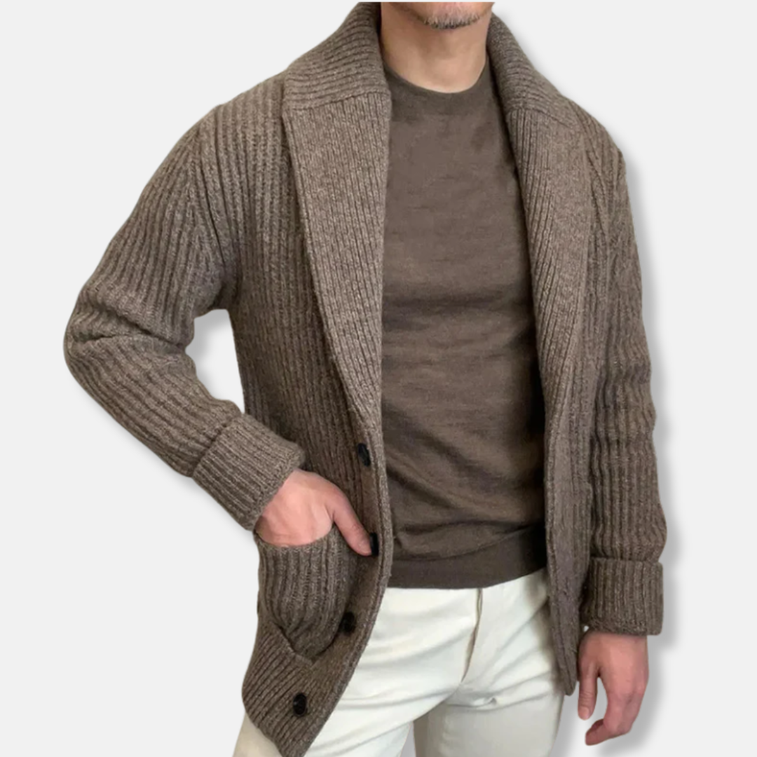 Men's wool blend relaxed-fit cardigan with shawl collar and ribbed texture for fall-winter layering