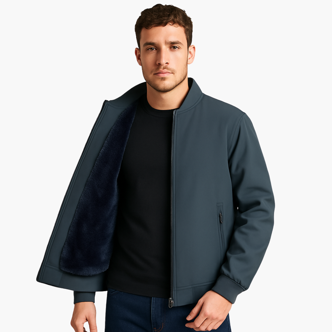 Men's black bomber jacket with fleece lining, baseball collar, and full-length zipper for everyday warmth