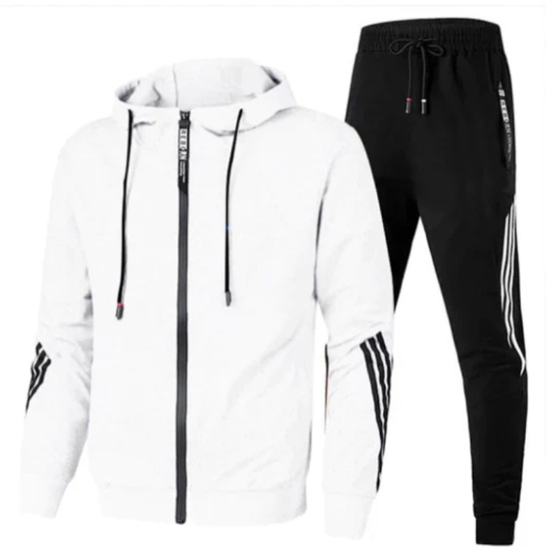 Men's gray streetwear hoodie set with matching pants, modern urban silhouette and coordinated two-piece design