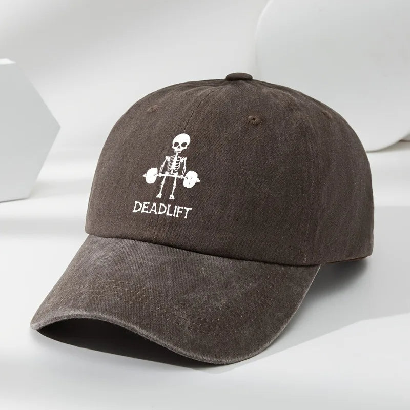 Washed cotton unisex gym cap beige skeleton deadlift graphic adjustable metal buckle lightweight breathable