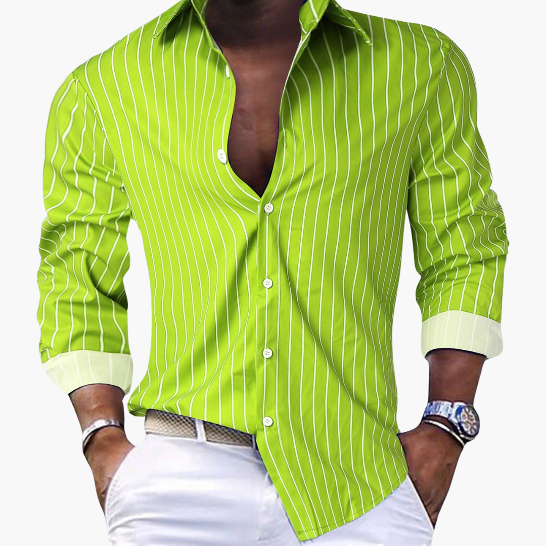 Men's bold striped casual shirt notched collar long sleeve relaxed fit lightweight polyester