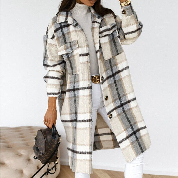 Women's long wool blend checked coat classic button closure elegant longline silhouette