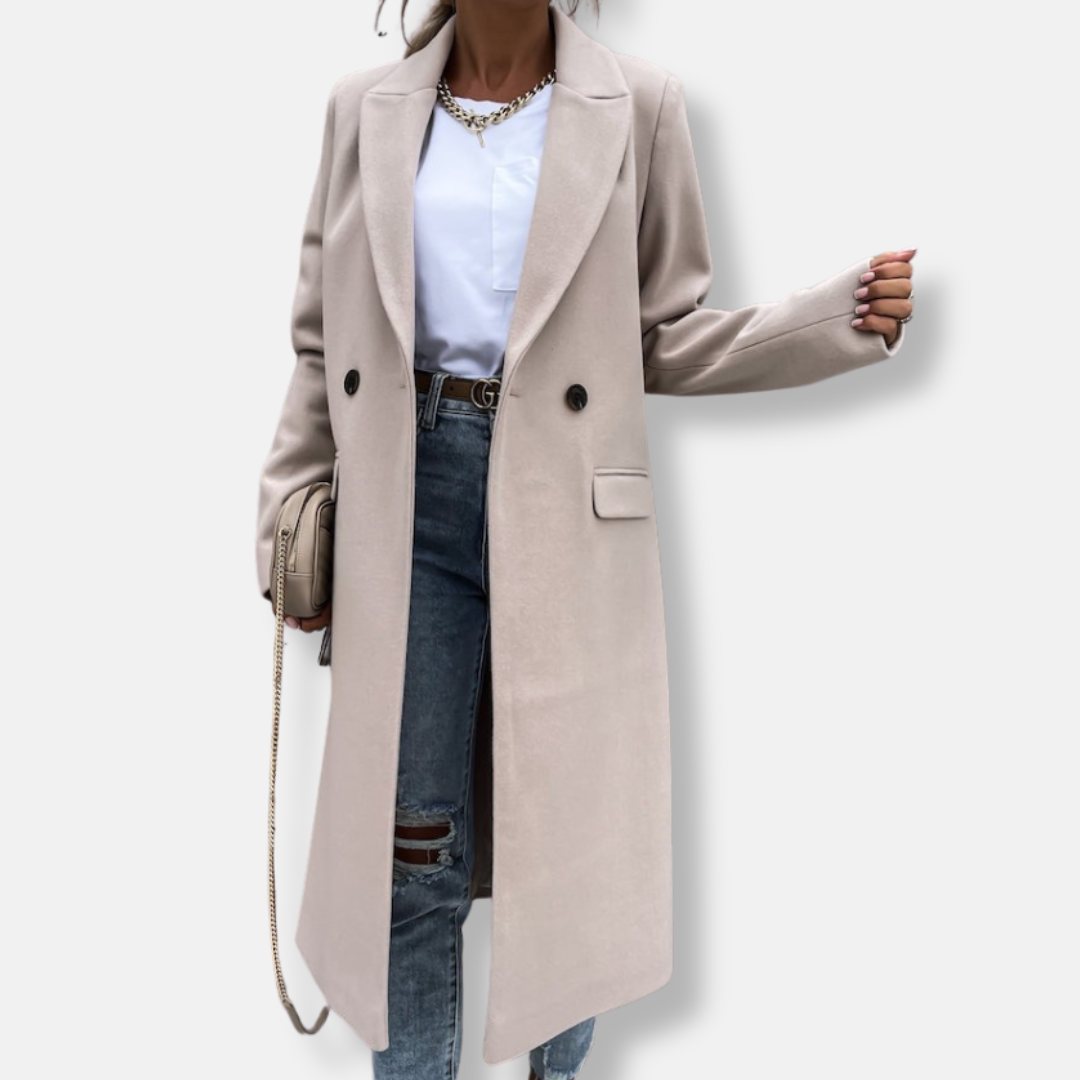 Women's wool long coat tailored fit classic lapel button closure elegant professional style
