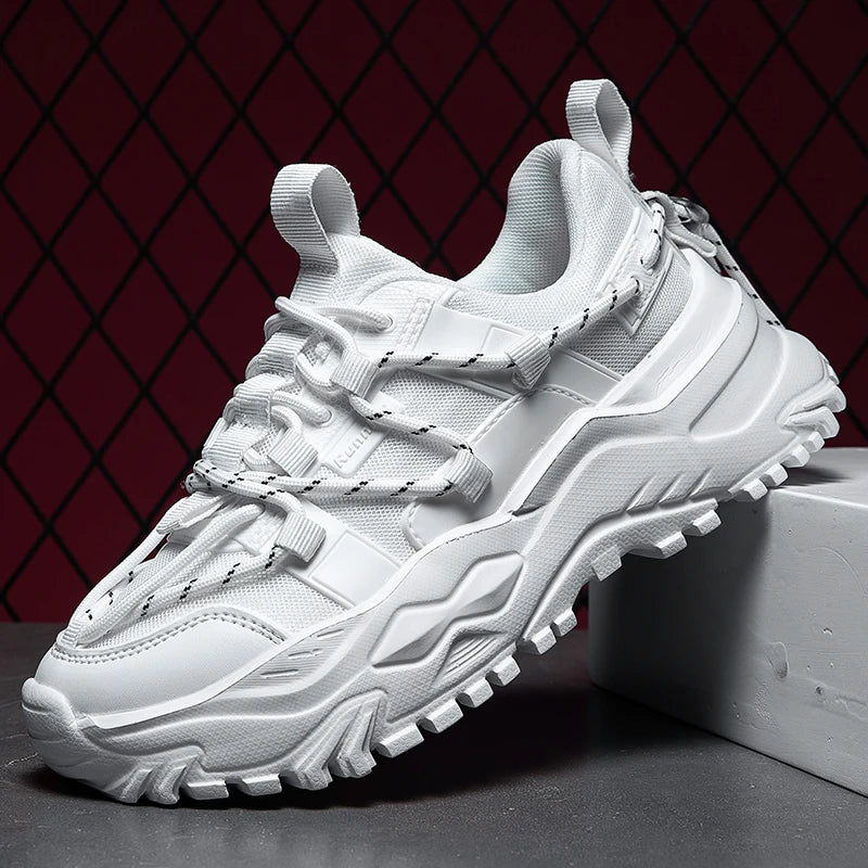 Black chunky sneaker layered sole textured upper rope lacing urban explorer added height streetwear