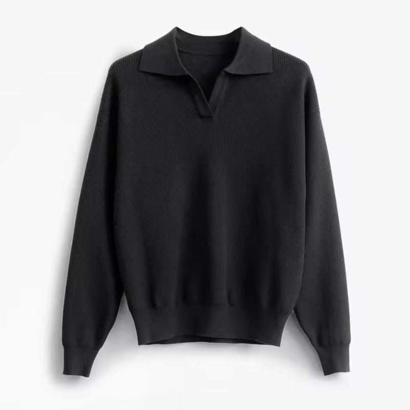 Unisex relaxed-fit soft knit pullover sweater in neutral tones with standout collar detail