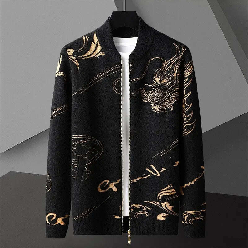 Dark wool zip-up cardigan mid-weight knit with intricate dragon calligraphy heritage motifs