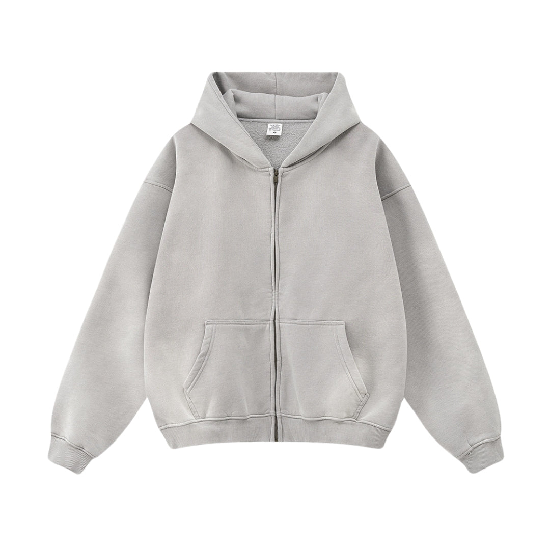 Gradient wash cotton unisex zip hoodie with hand-distressed details and smooth color-shifting finish