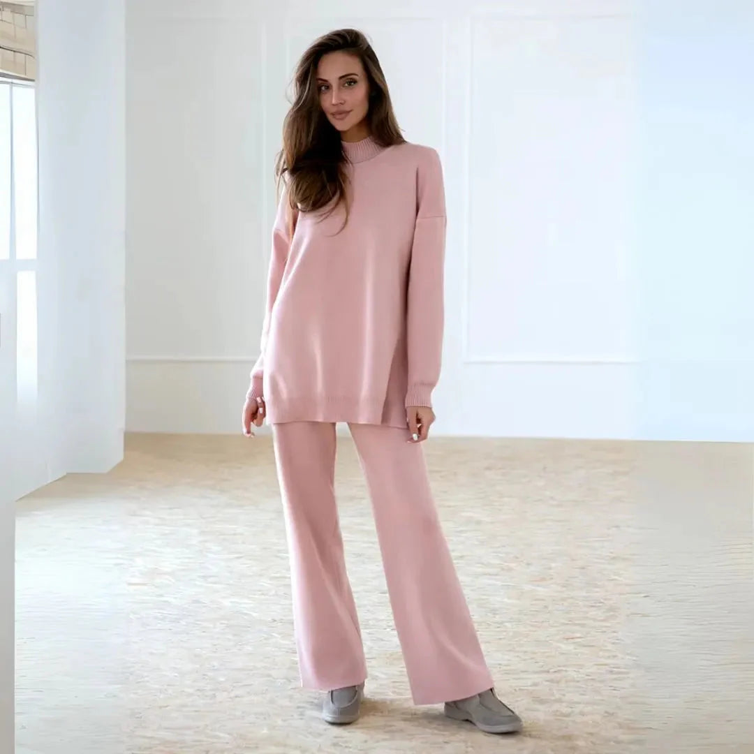 Callie soft knit loungewear set relaxed mock-neck sweater wide-leg pants cozy two-piece