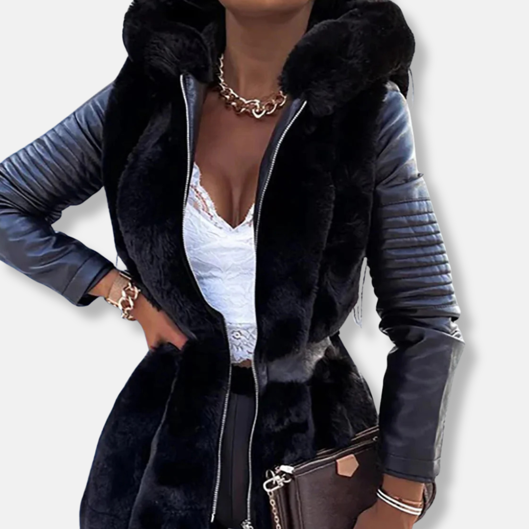 Women's mid-length tailored coat faux fur front detail belted waist sophisticated fit