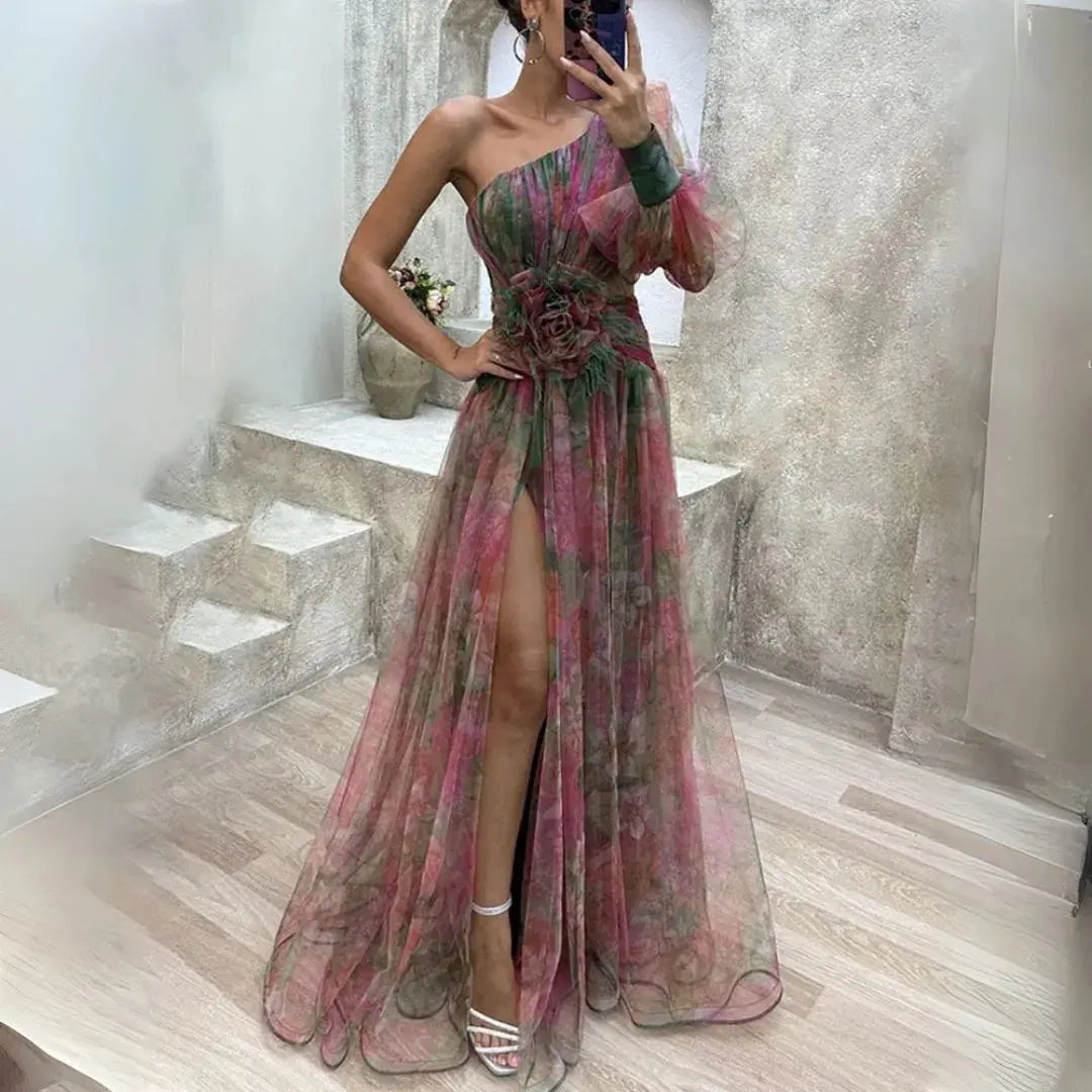 Isadora one-shoulder maxi dress watercolour tulle overlay dramatic thigh-high slit couture gown