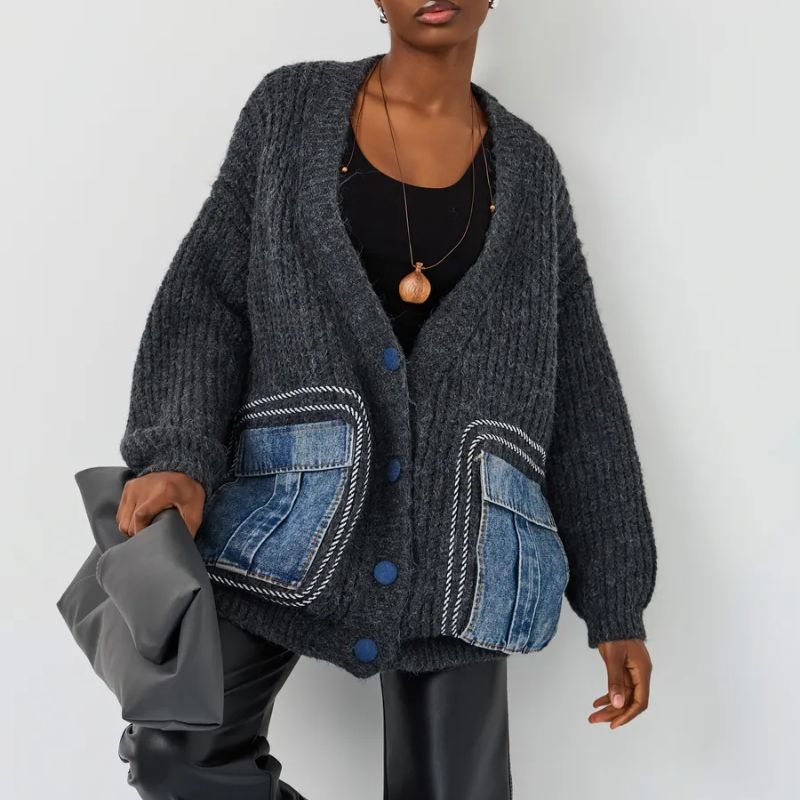 Oversized thick-knit cardigan with rugged denim pockets for cozy urban streetwear layering