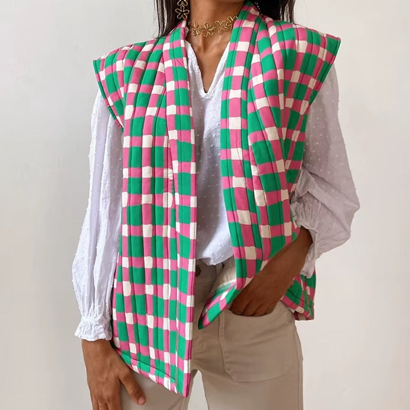 Women's plaid floral sleeveless open-front vest coat, hand-stitched lightweight layering piece