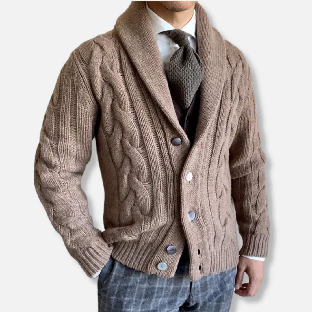 Men's wool cable knit cardigan regular fit with shawl collar and button closure for autumn
