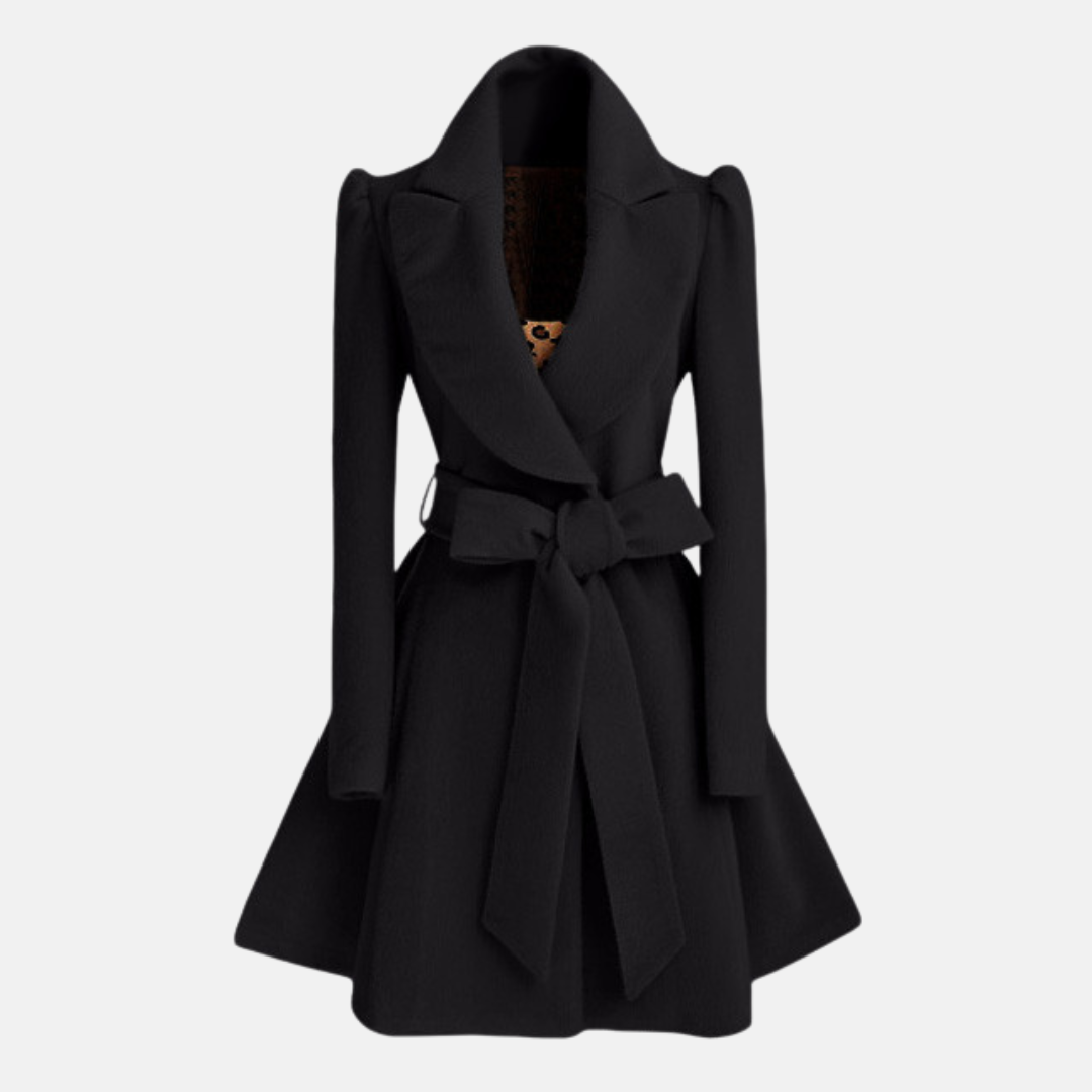Women's slim fit wool blend coat with belted bow waist and elegant A-line silhouette