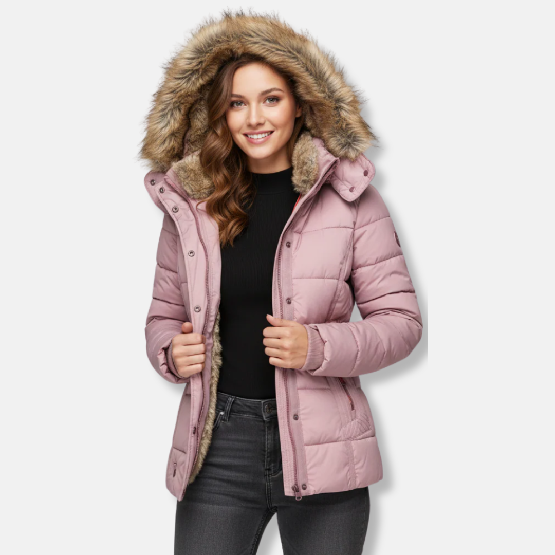 Women's black quilted puffer jacket hip-length silhouette with faux fur trim hood