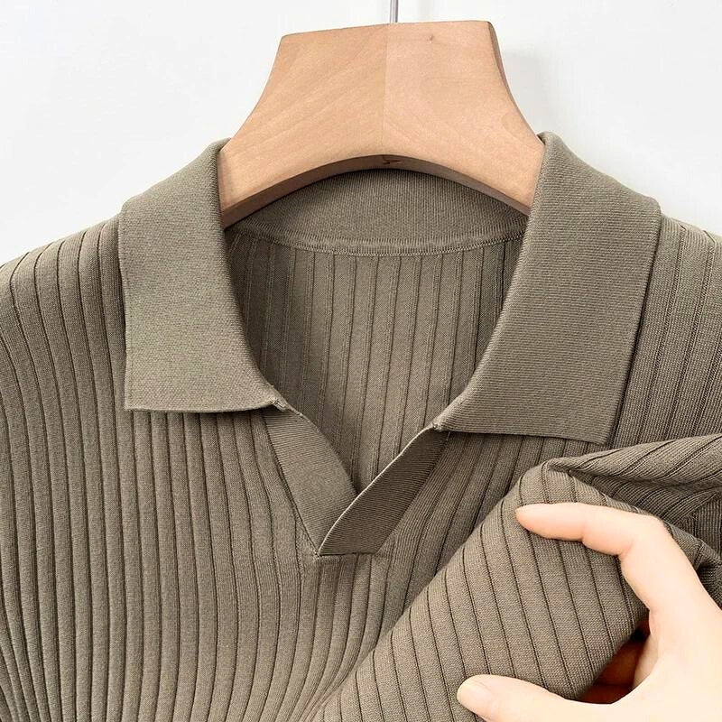 Men's classic fit ribbed knit polo shirt soft breathable fabric timeless casual design