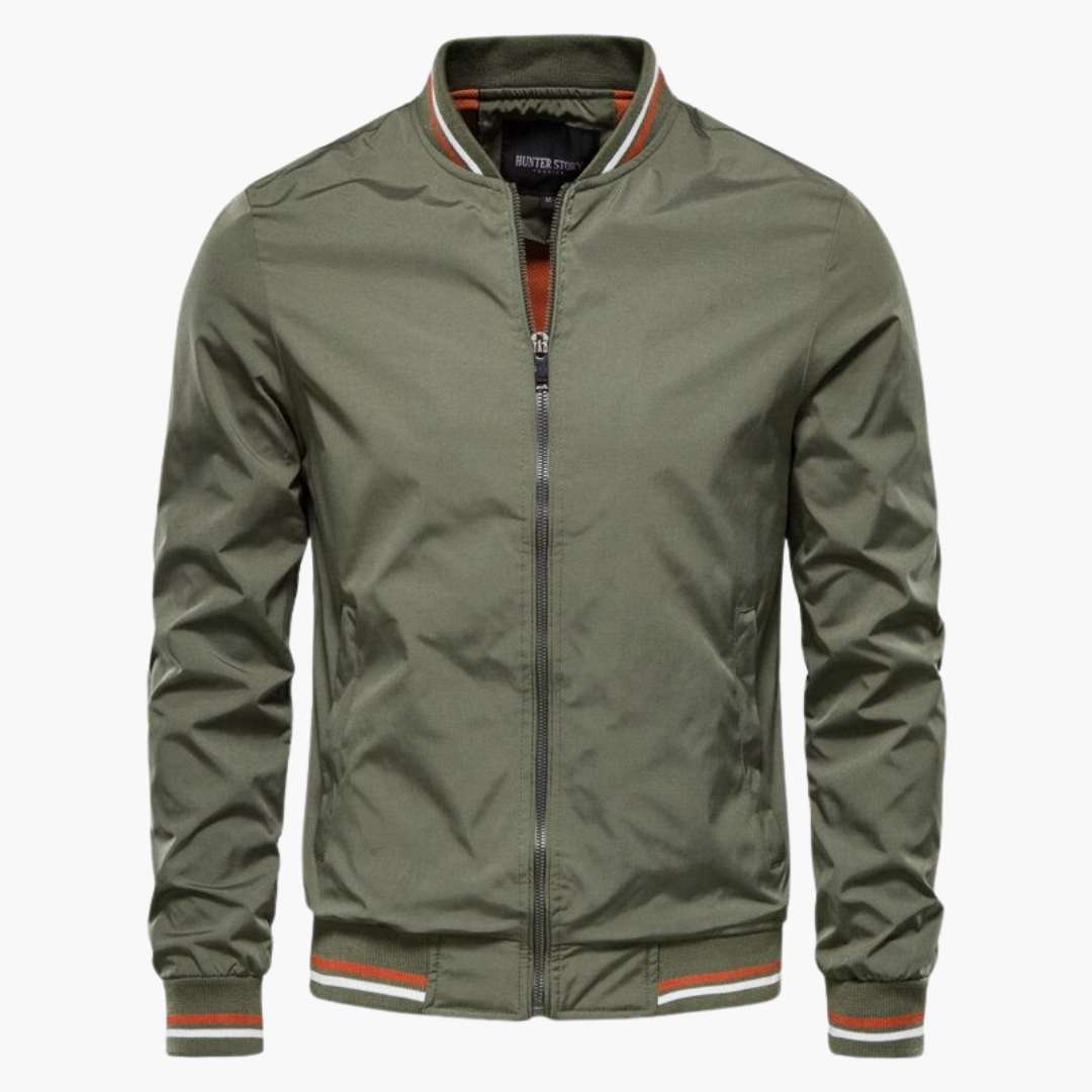 Men's bomber jacket with front zip and ribbed cuffs, versatile everyday essential in premium quality