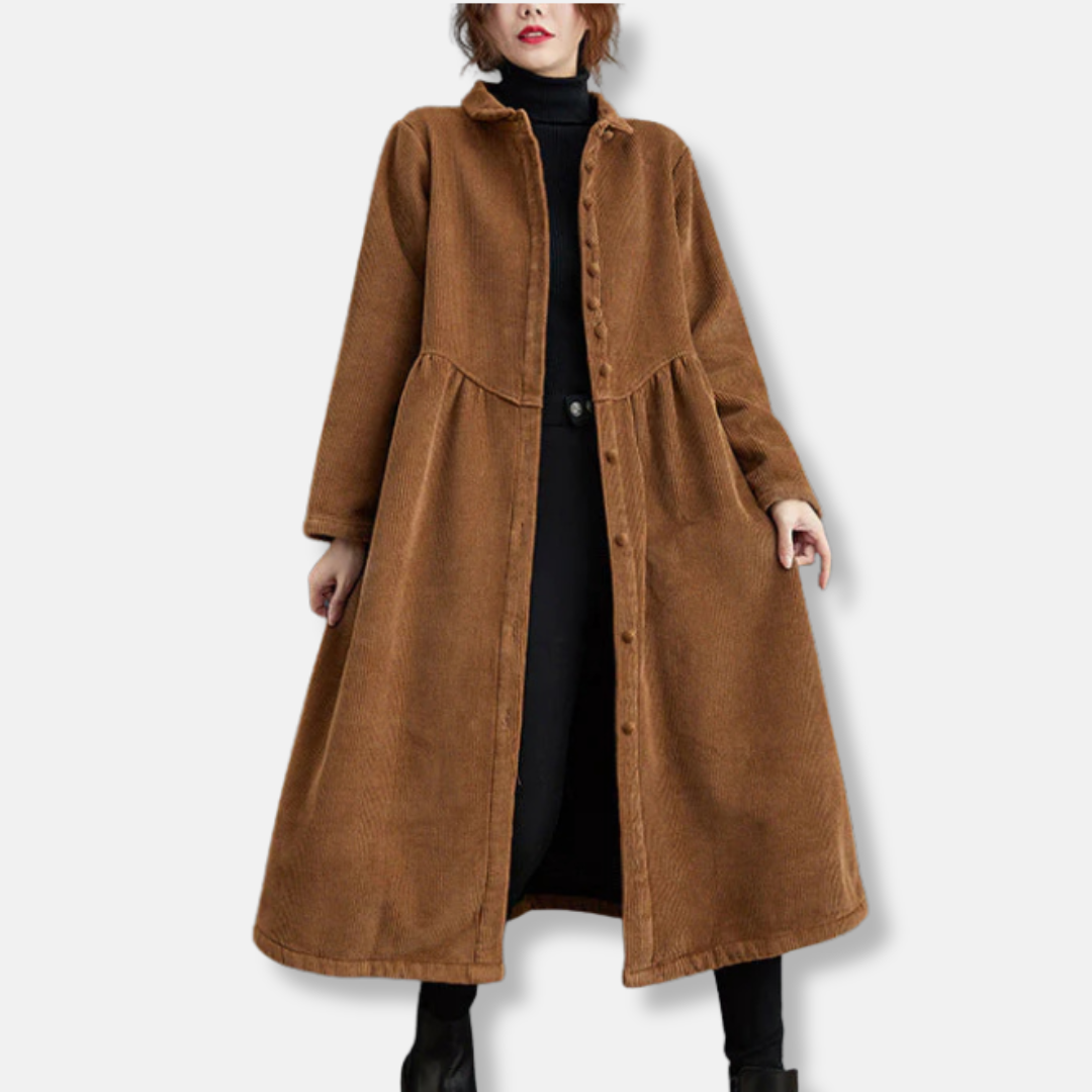 Women's brown corduroy midi coat A-line loose fit high neck button front timeless autumn style