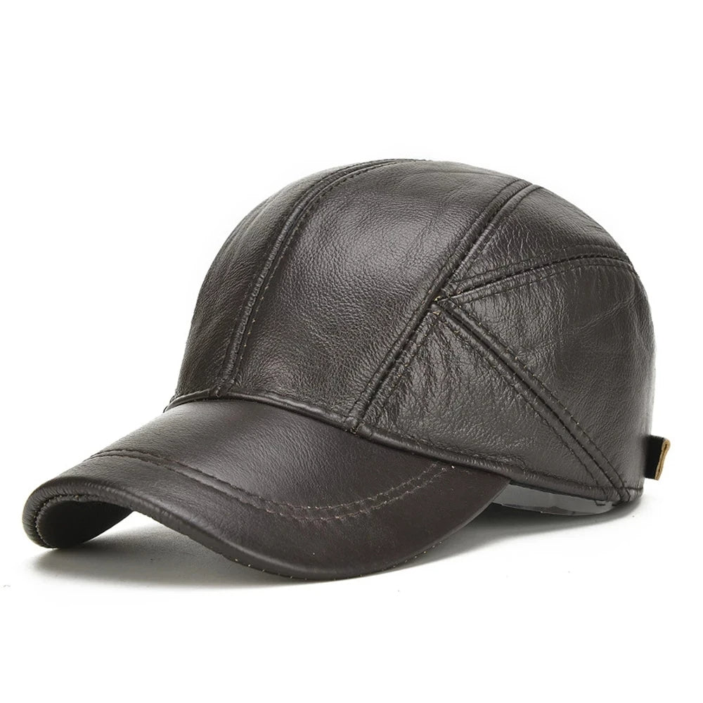 Vintage brown genuine leather cap with handstitched panels and adjustable back strap for outdoor wear
