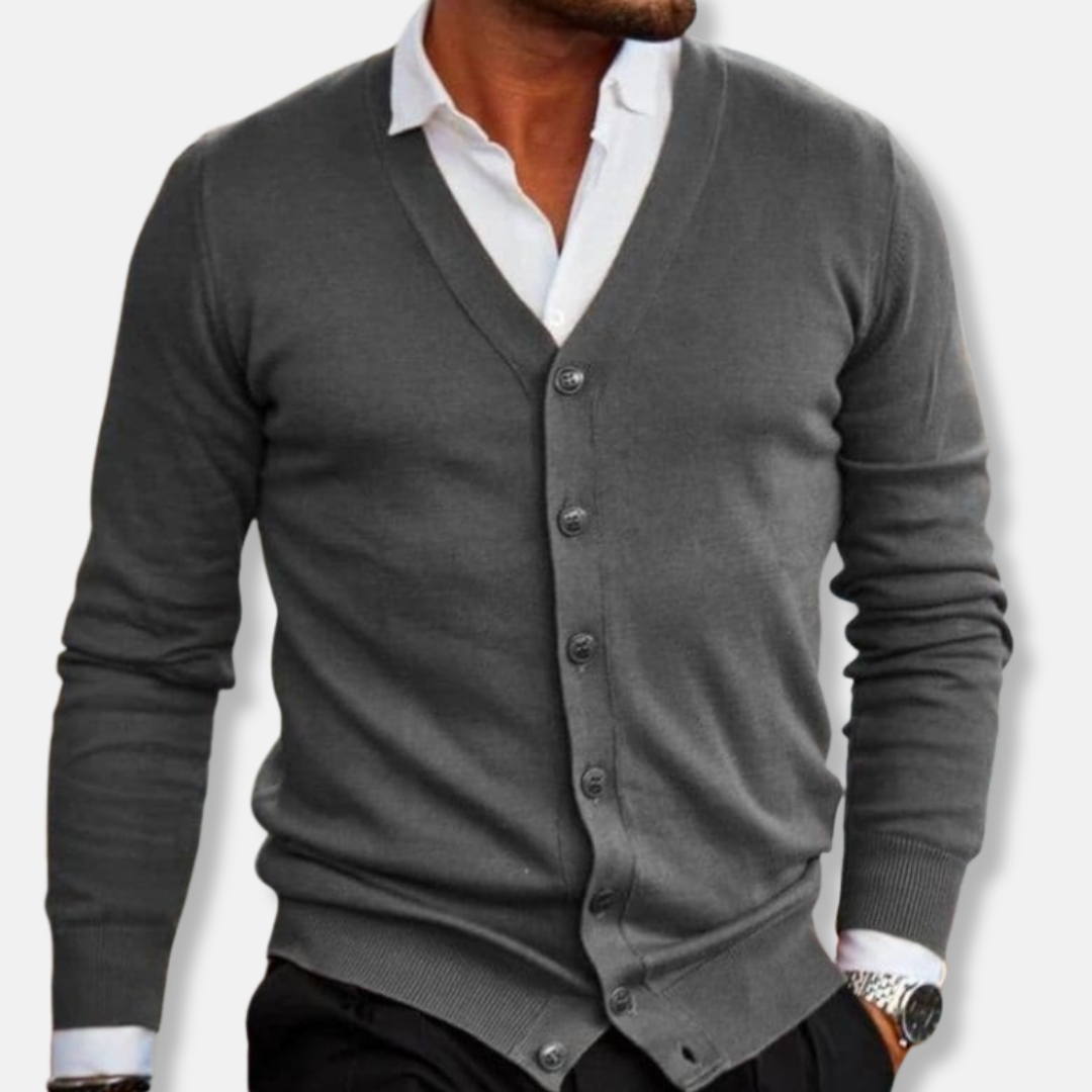 Men's wool v-neck cardigan in solid tone, regular fit with button-front closure and ribbed texture