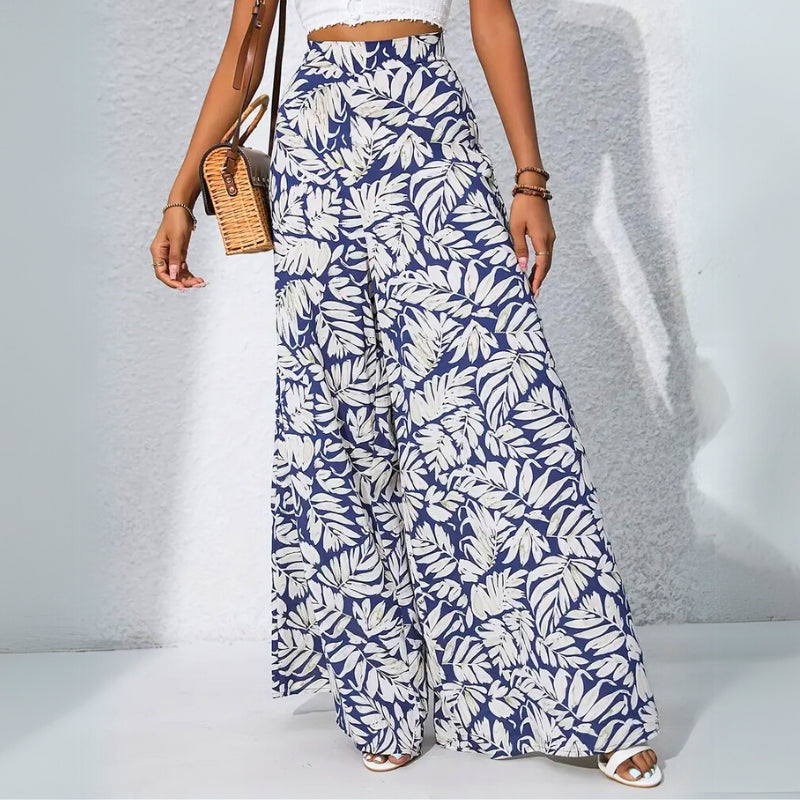 Women's high-waist tropical print cotton pants relaxed fit with roomy pockets bold pattern