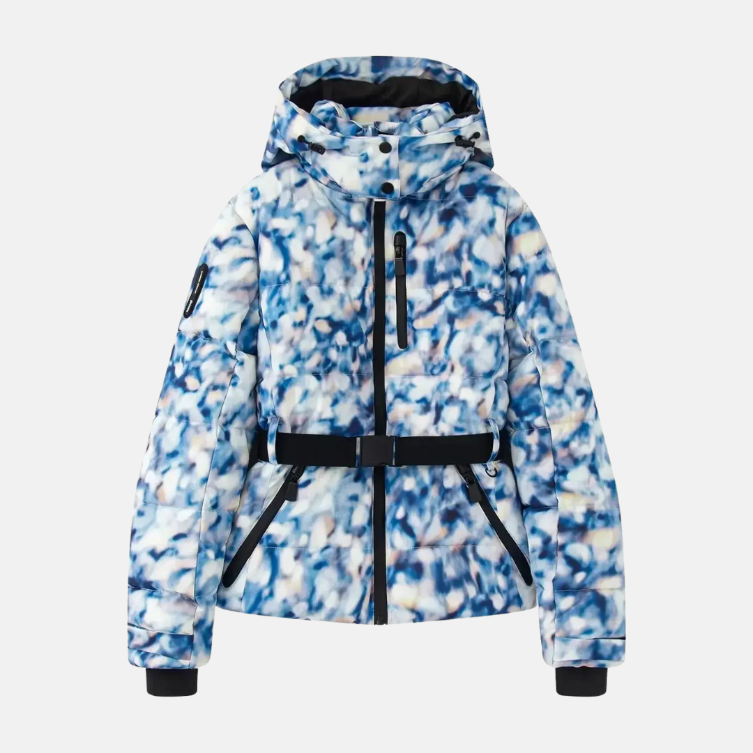 Women's insulated puffer ski jacket with belted waist, waterproof hood, and zip pockets