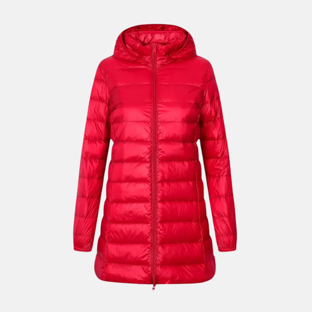 Women's fitted mid-thigh quilted down jacket hooded water-resistant sleek silhouette for cold weather