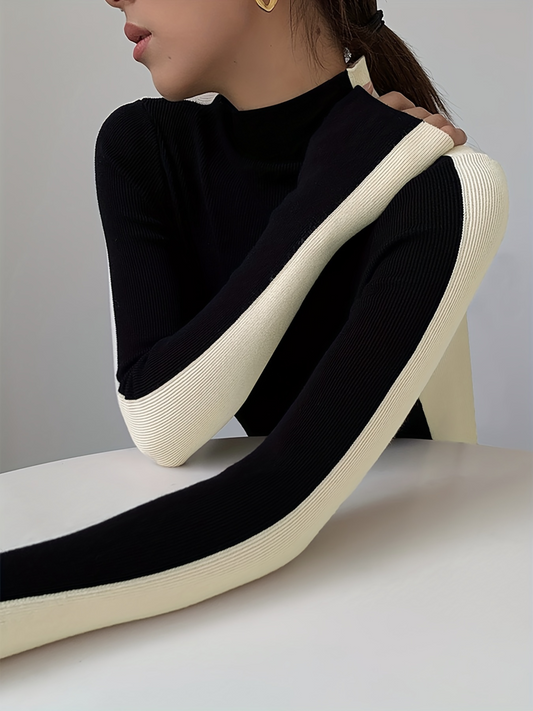 Women's two-tone contrast knit turtleneck slim sculpted mock neck high-stretch ribbed sweater