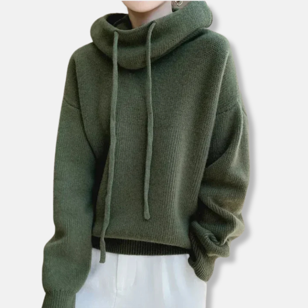 Women's oversized soft knit cowl neck sweatshirt with drawstring, relaxed chic silhouette for everyday wear