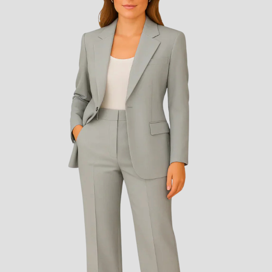 Women tailored suit set long blazer straight-leg trousers single-button professional elegant style