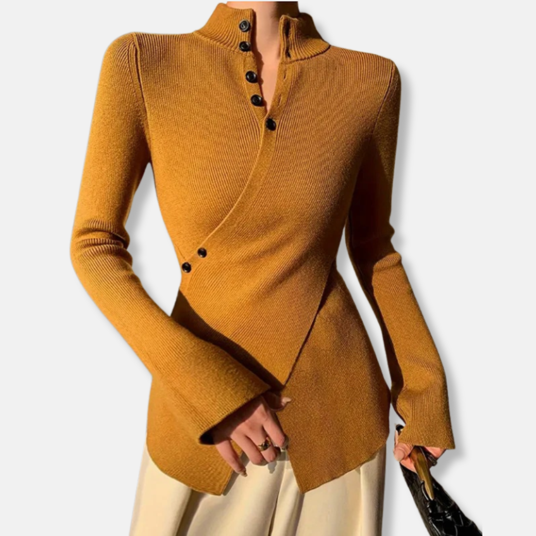 Women's slim fit high neck knit sweater asymmetric hem button details Nordic style long sleeves